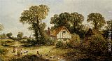 Country Canvas Paintings - Childrem by a Country Cottage